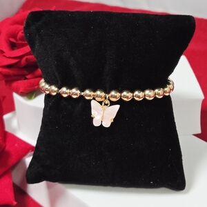 Pink Pearl Butterfly Charm Gold Beaded Bracelet Girls Tween Petite Spring Fairy